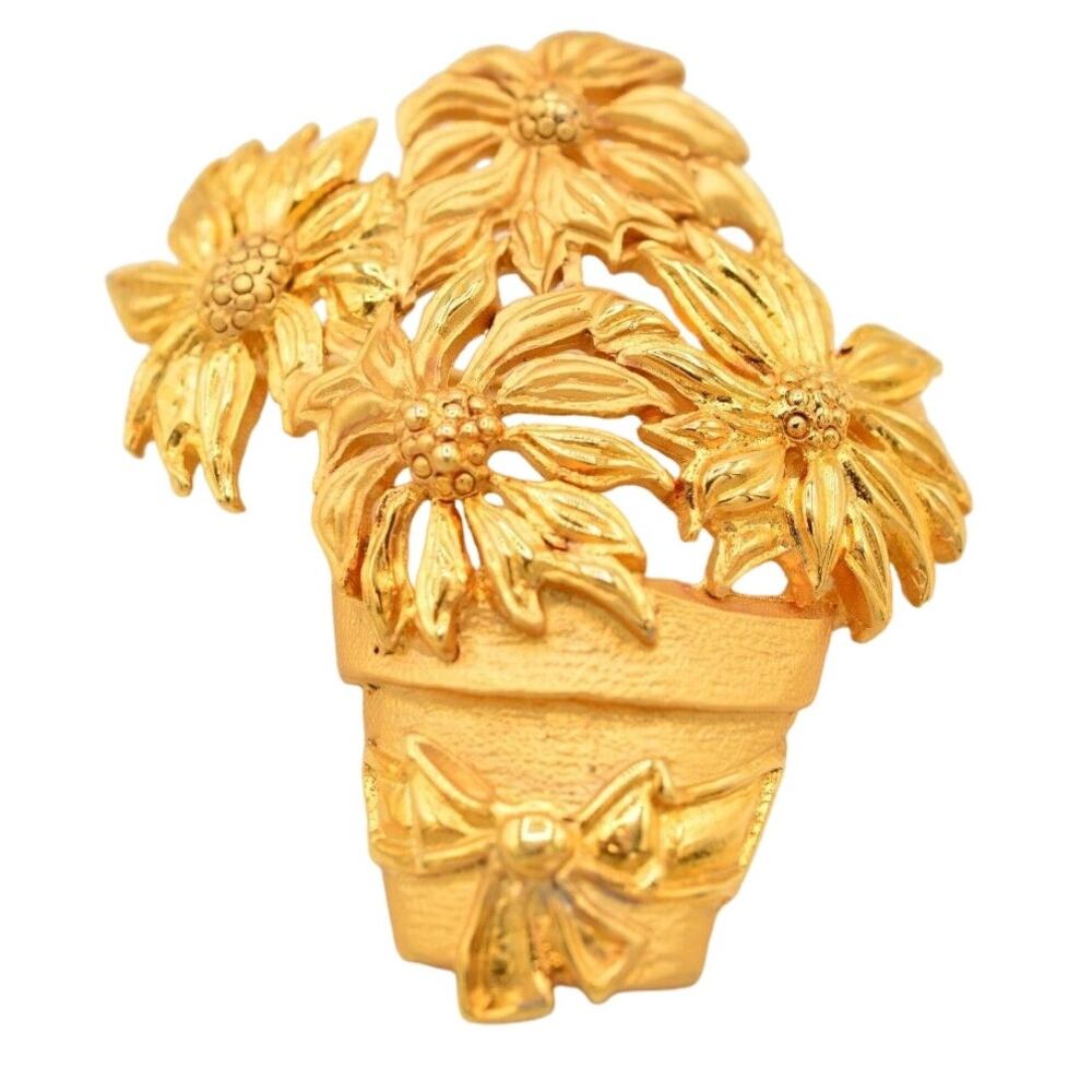 Danecraft Vintage Flower Pot Pin Brooch Brushed Gold Chunky Signed 1980s BinAJ